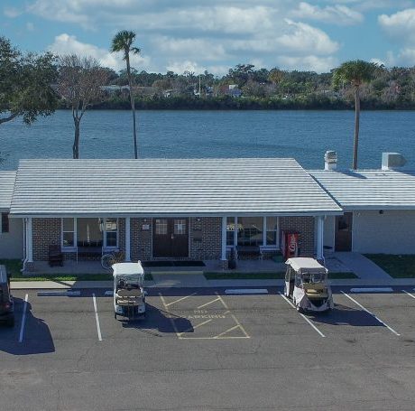 view of office and lake