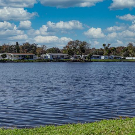 lake with homes